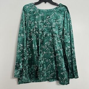 Anthony Richards Shirt Women 2XL Long Sleeve Velvet Sparkle Holiday Green Silver
